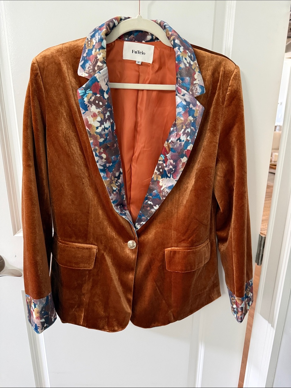 Women's Rust Velvet Blazer with Floral Trim